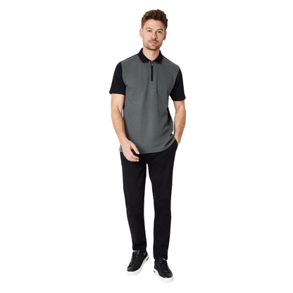 Grey - Side - Burton Mens Popcorn Textured Zip Neck Polo Shirt