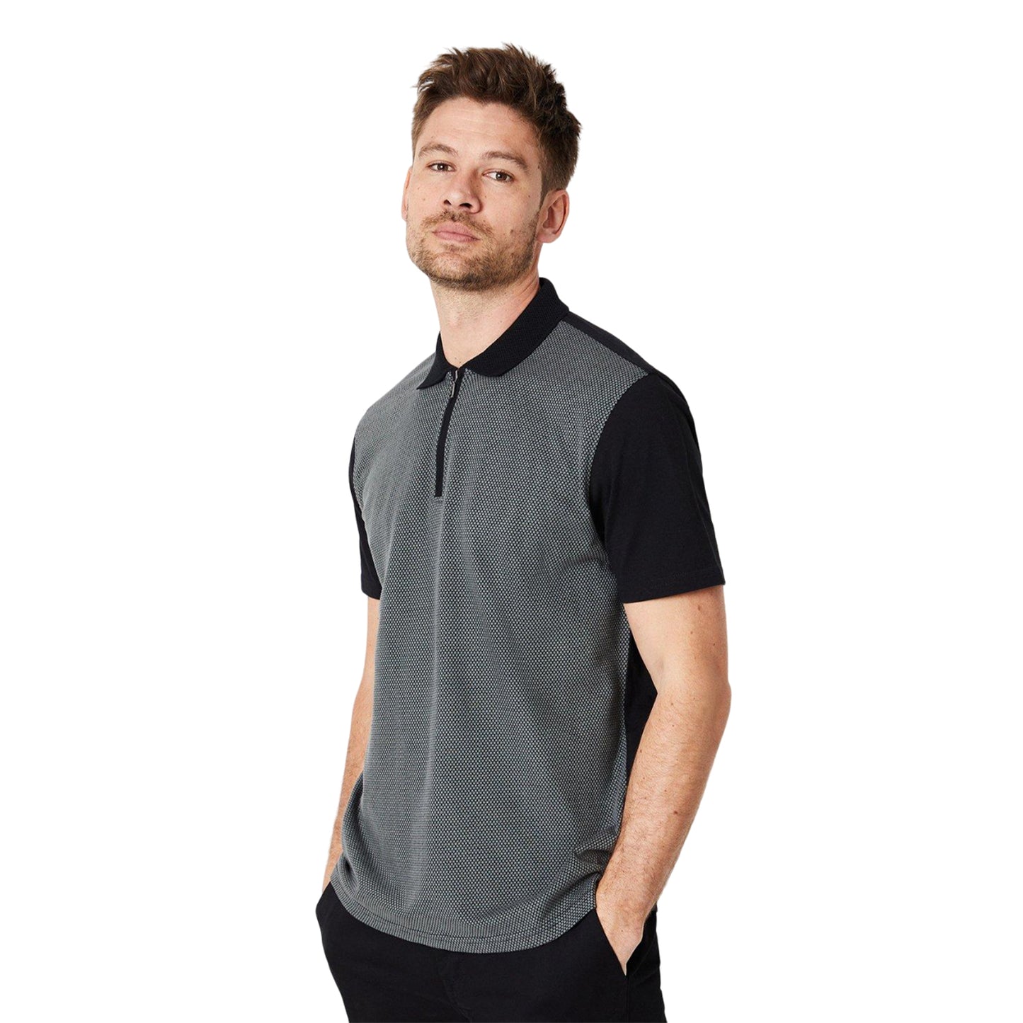 Grey - Front - Burton Mens Popcorn Textured Zip Neck Polo Shirt