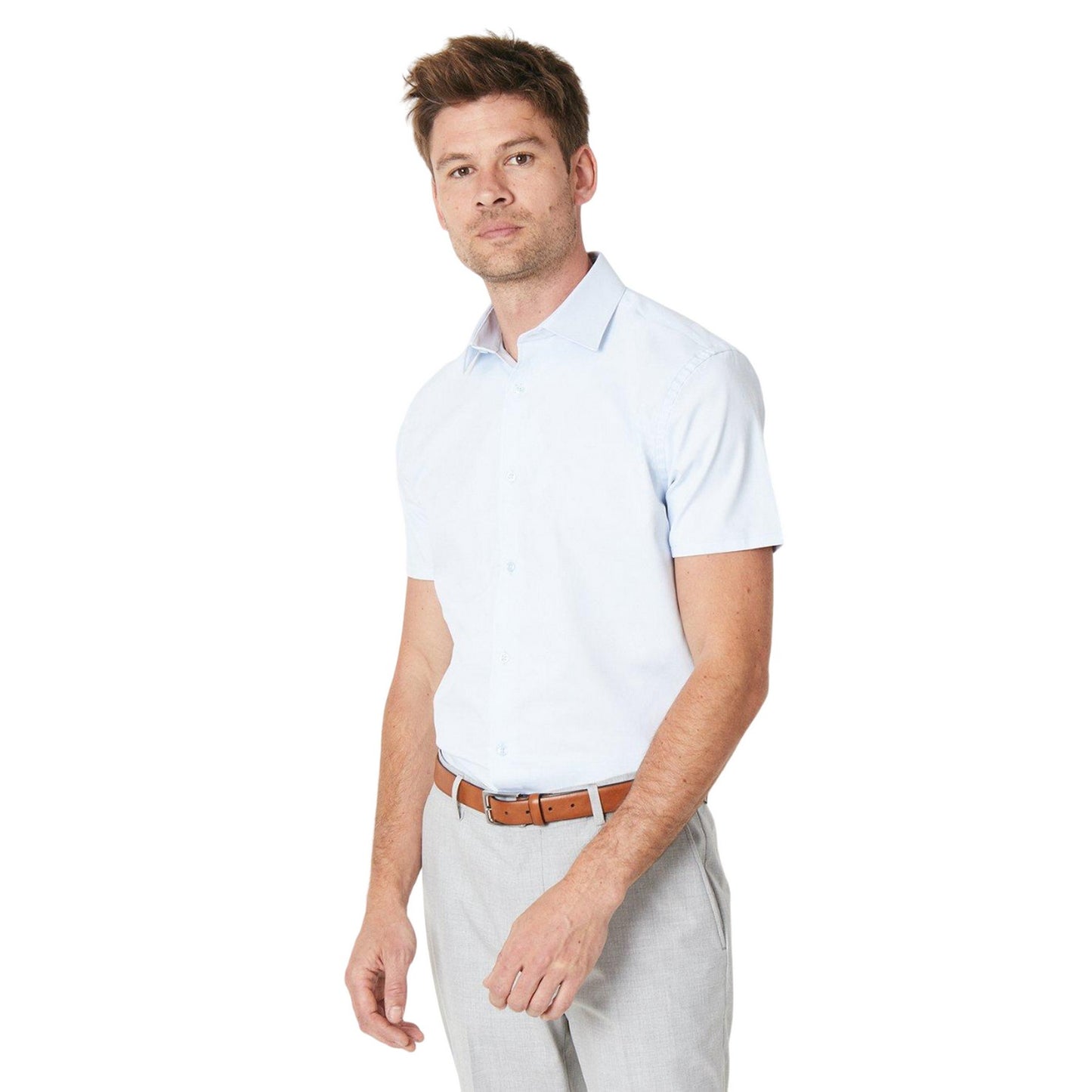 Light Blue - Front - Burton Mens Easy-Iron Slim Short-Sleeved Shirt