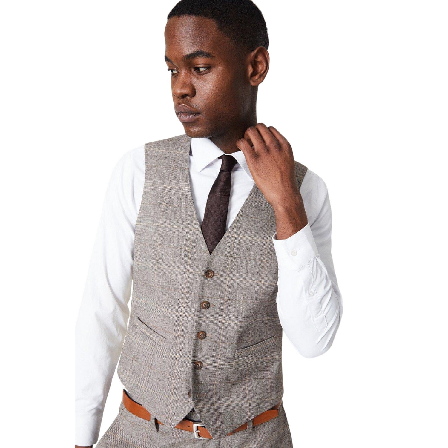 Neutral - Front - Burton Mens Heritage Checked Slim Wedding Waistcoat