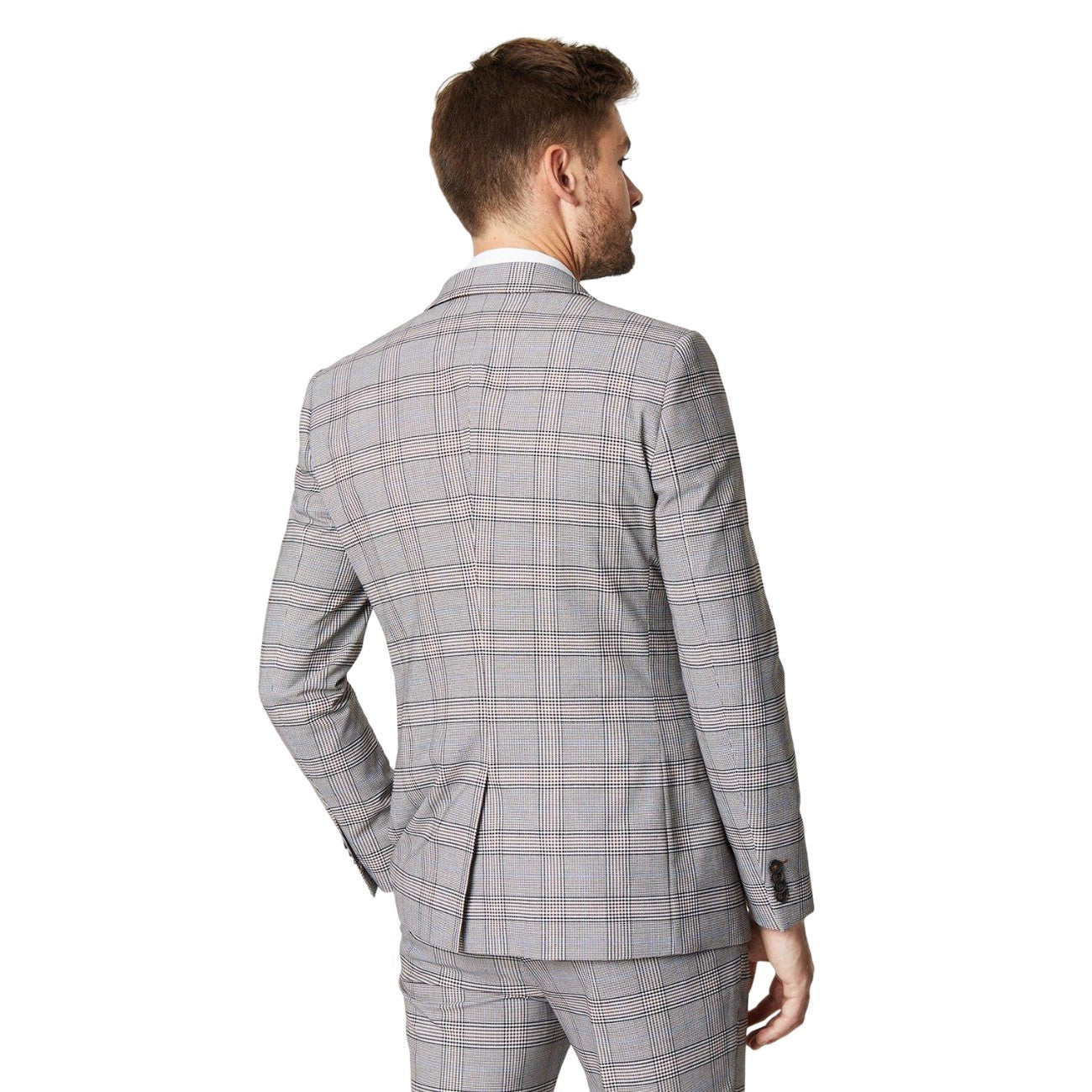 Brown - Back - Burton Mens Retro Check Single-Breasted Skinny Suit Jacket
