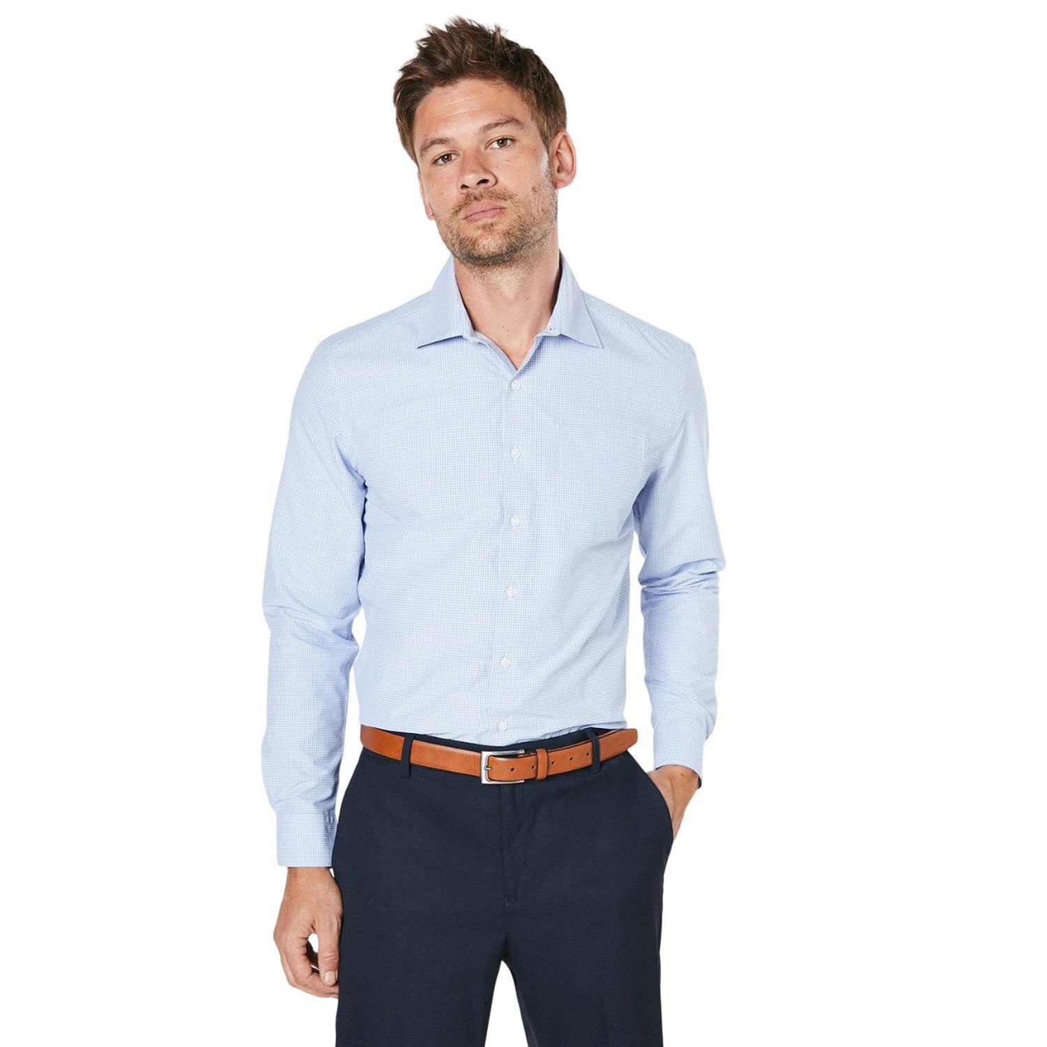 Light Blue - Front - Burton Mens Micro Checked Casual Shirt