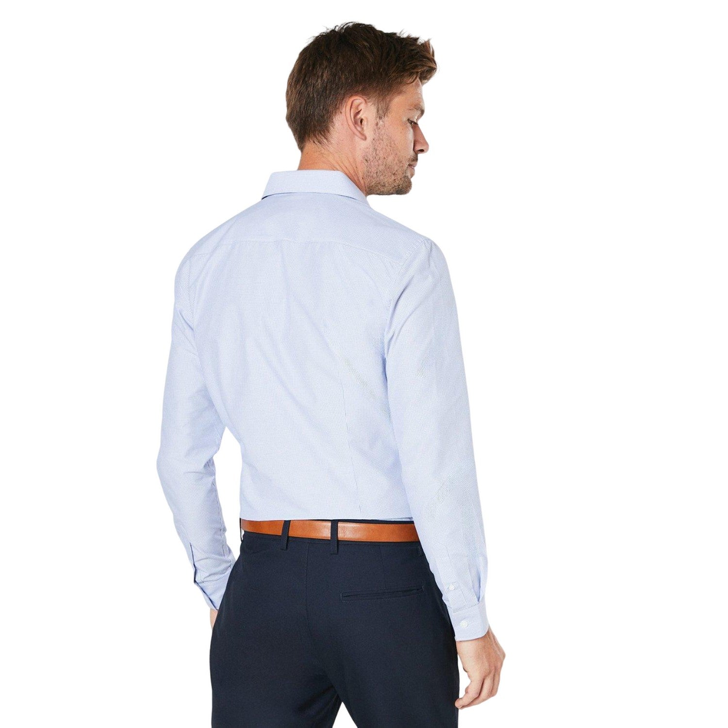 Light Blue - Back - Burton Mens Micro Checked Easy-Iron Slim Formal Shirt