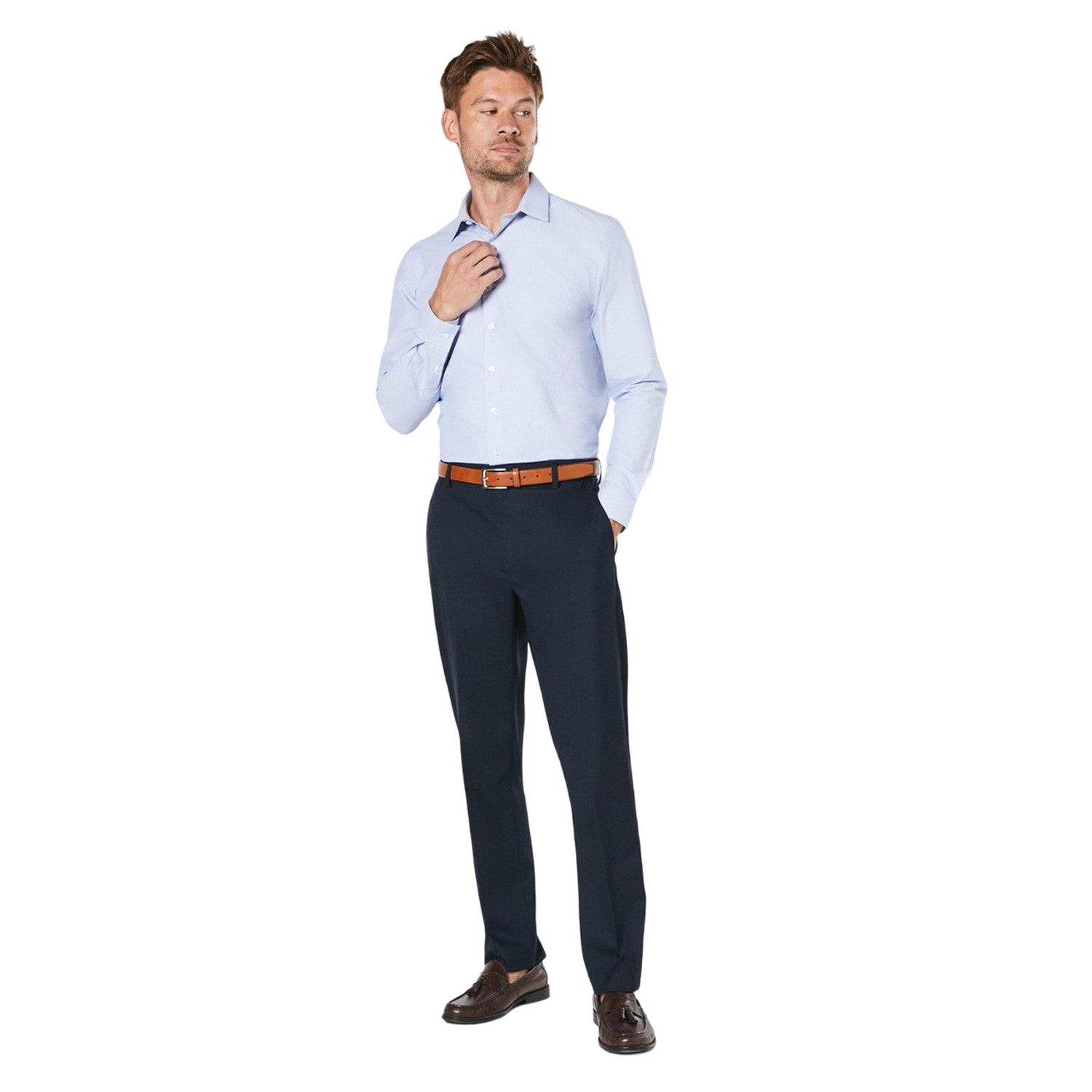 Light Blue - Side - Burton Mens Micro Checked Easy-Iron Slim Formal Shirt