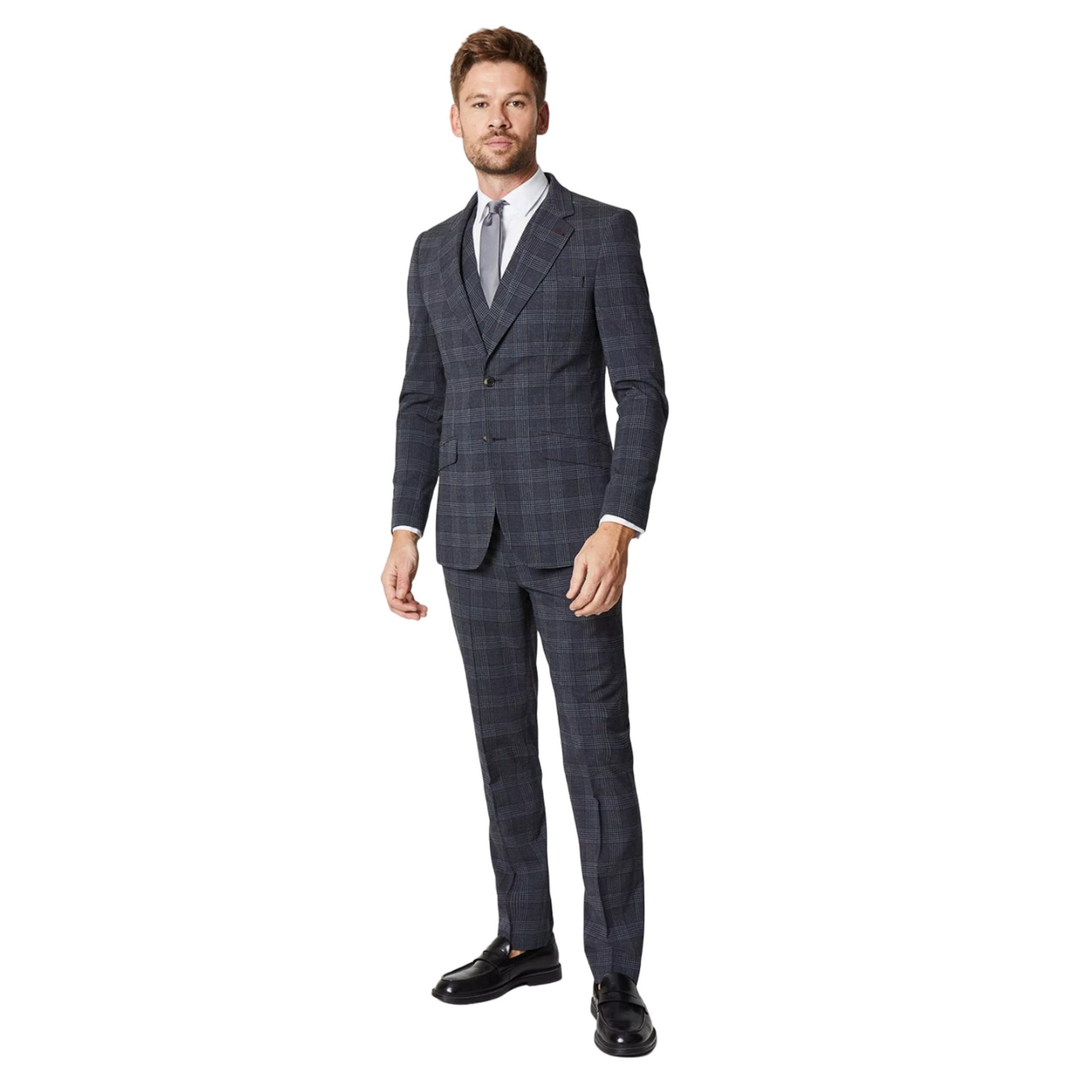 Burgundy - Side - Burton Mens Retro Check Single-Breasted Slim Suit Jacket