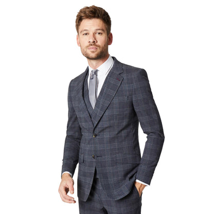 Burgundy - Front - Burton Mens Retro Check Single-Breasted Slim Suit Jacket