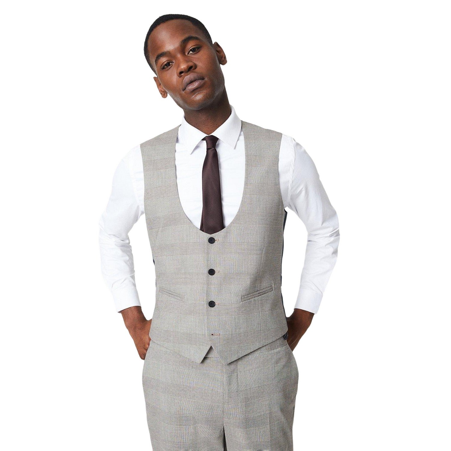 Neutral - Front - Burton Mens Pow Checked Tailored Waistcoat