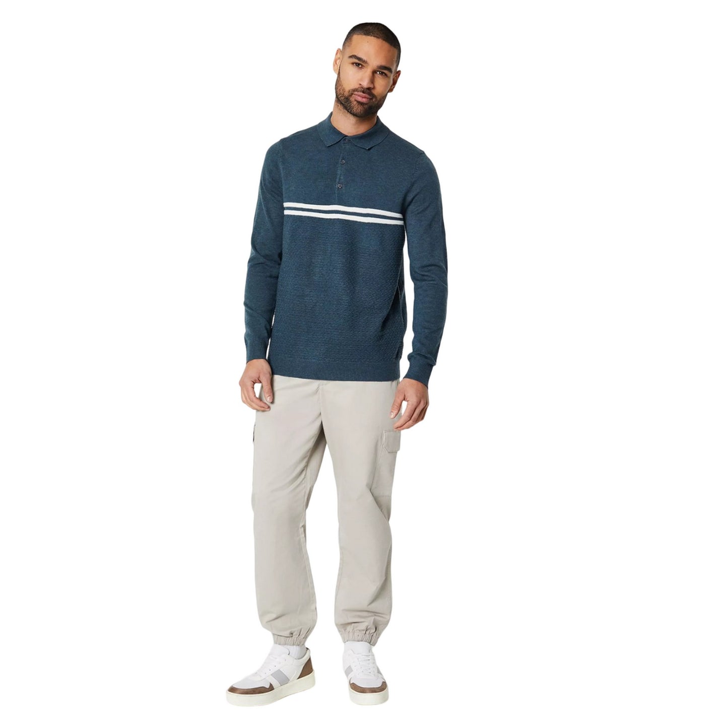 Khaki Green - Side - Burton Mens Stripe Detail Knitted Long-Sleeved Polo Shirt