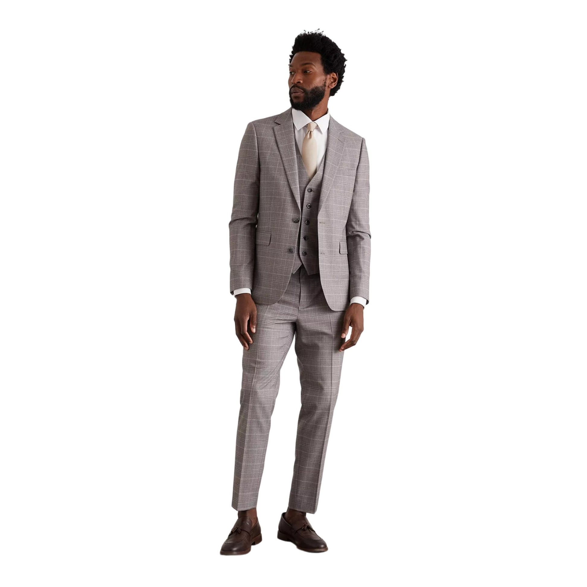 Grey - Side - Burton Mens Checked Skinny Suit Jacket