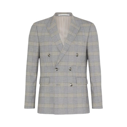 Grey - Front - Burton Mens Checked Double-Breasted Slim Suit Jacket