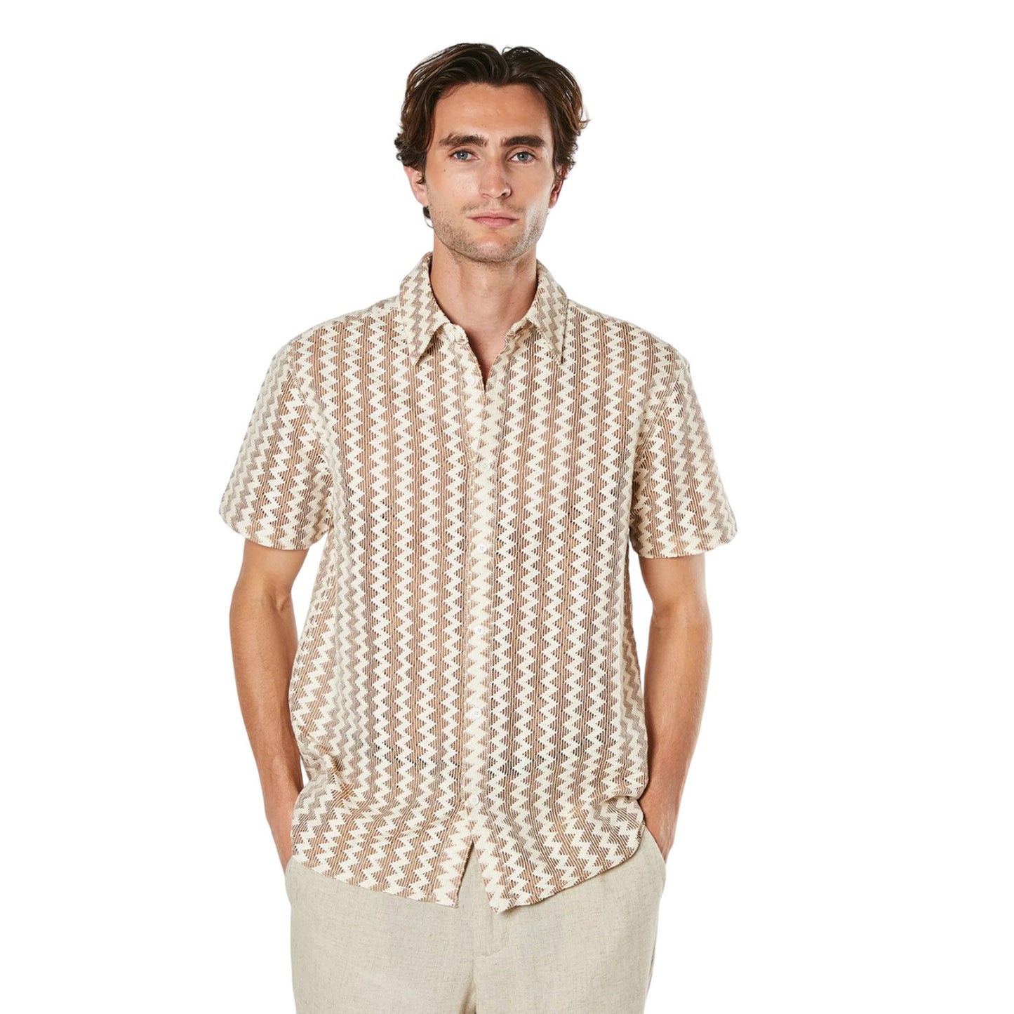 Off White - Front - Burton Mens Zig Zag Fine Knit Short-Sleeved Shirt