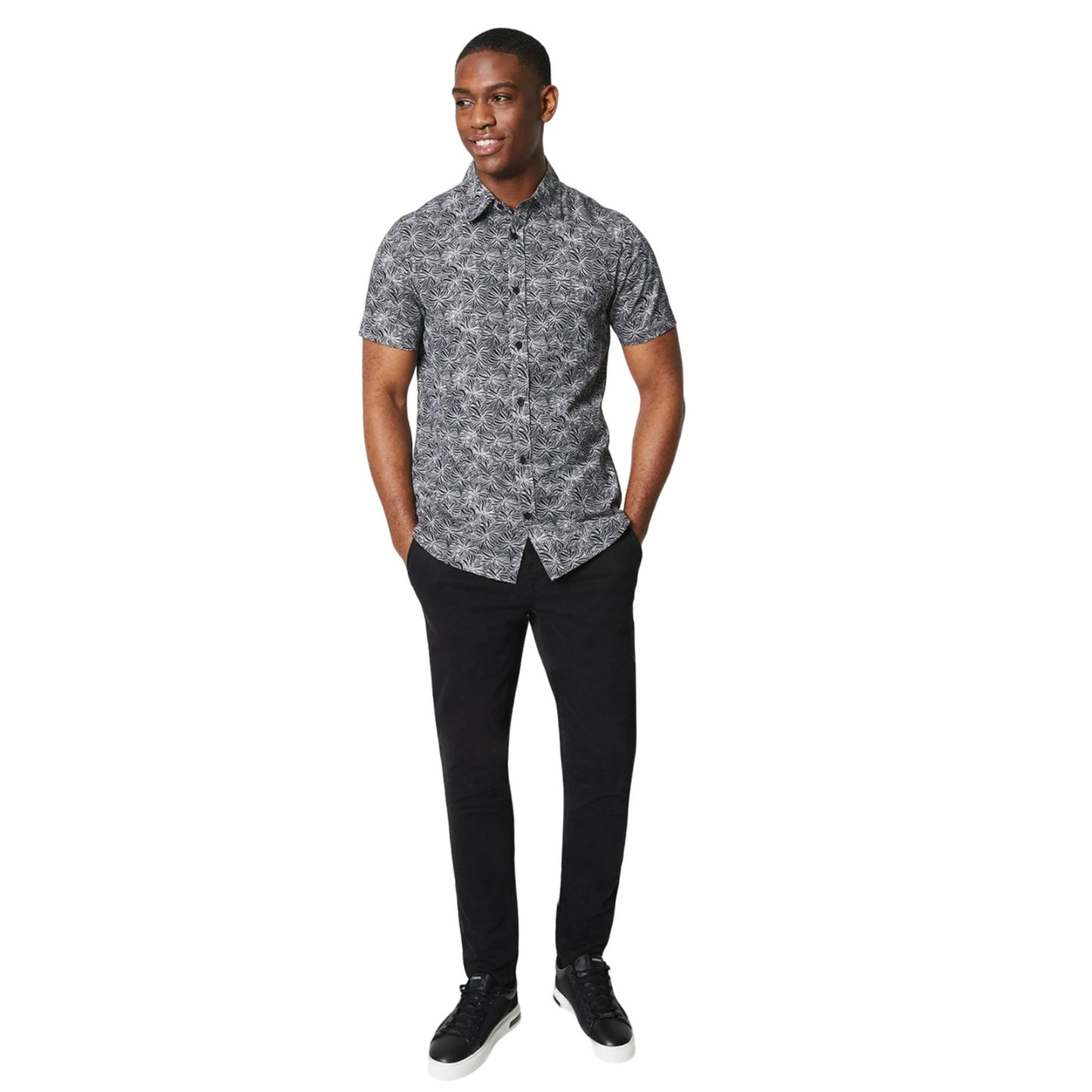 Black-White - Side - Burton Mens Printed Poplin Short-Sleeved Shirt