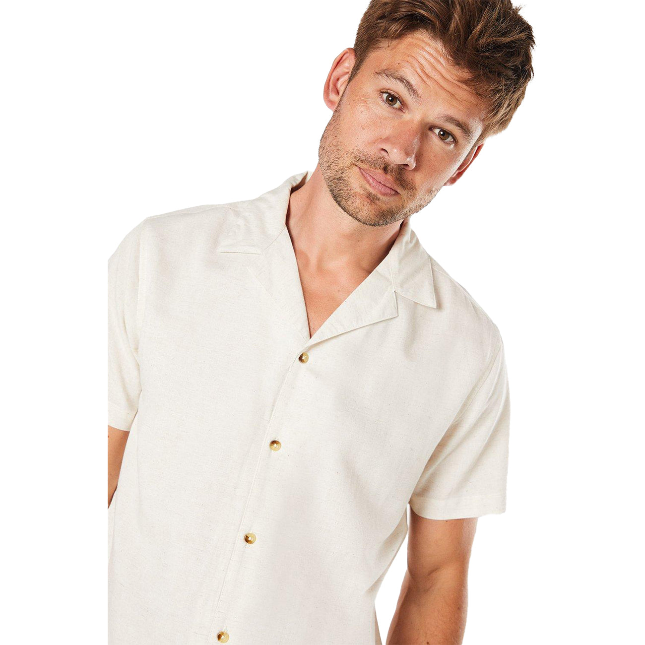 Off White - Side - Burton Mens Linen Blend Revere Collar Short-Sleeved Shirt