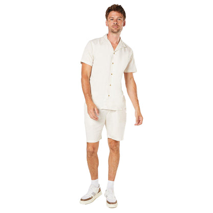Off White - Pack Shot - Burton Mens Linen Blend Revere Collar Short-Sleeved Shirt