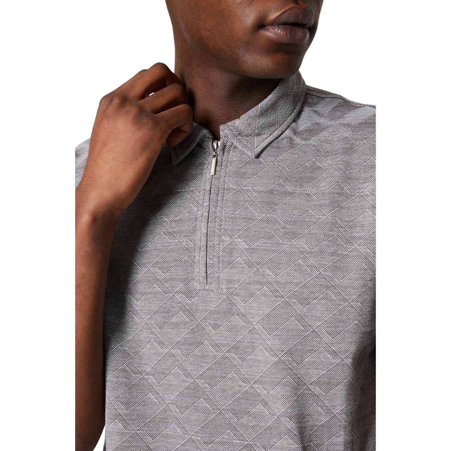 Grey - Side - Burton Mens Jacquard Quarter Zip Polo Shirt