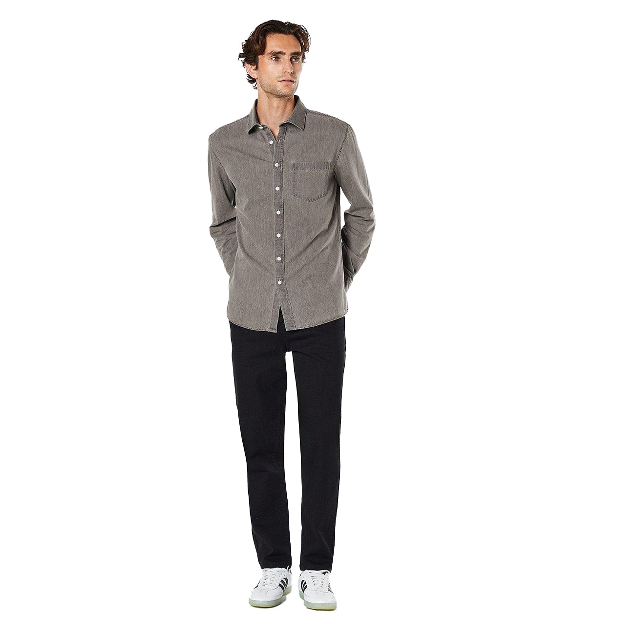Light Grey - Pack Shot - Burton Mens Denim Long-Sleeved Shirt