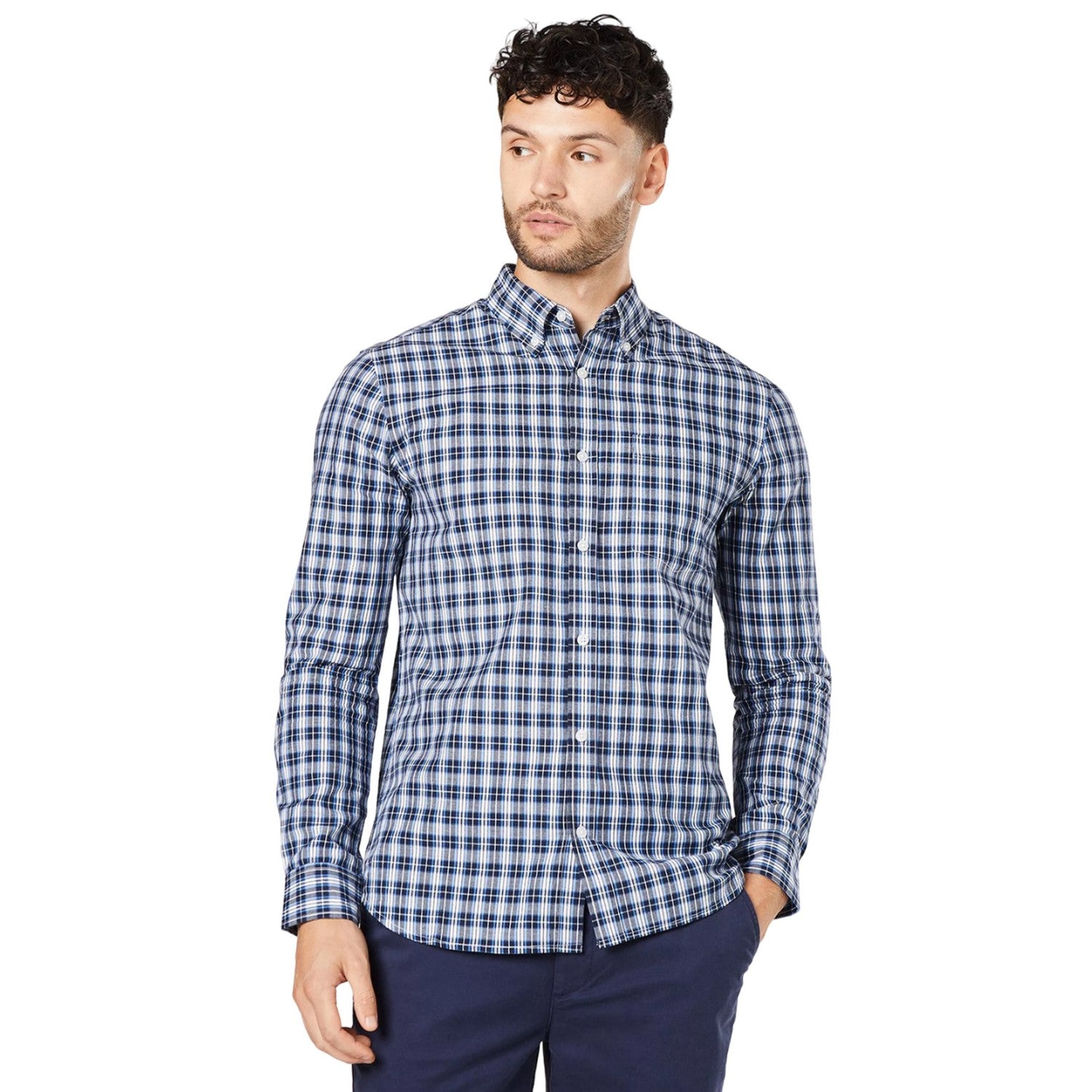 Navy - Front - Burton Mens Simple Check Long-Sleeved Shirt