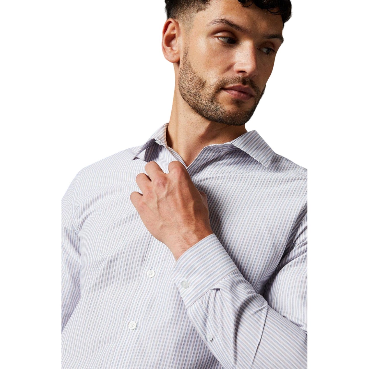 White - Side - Burton Mens Multi Stripe Easy-Iron Slim Formal Shirt