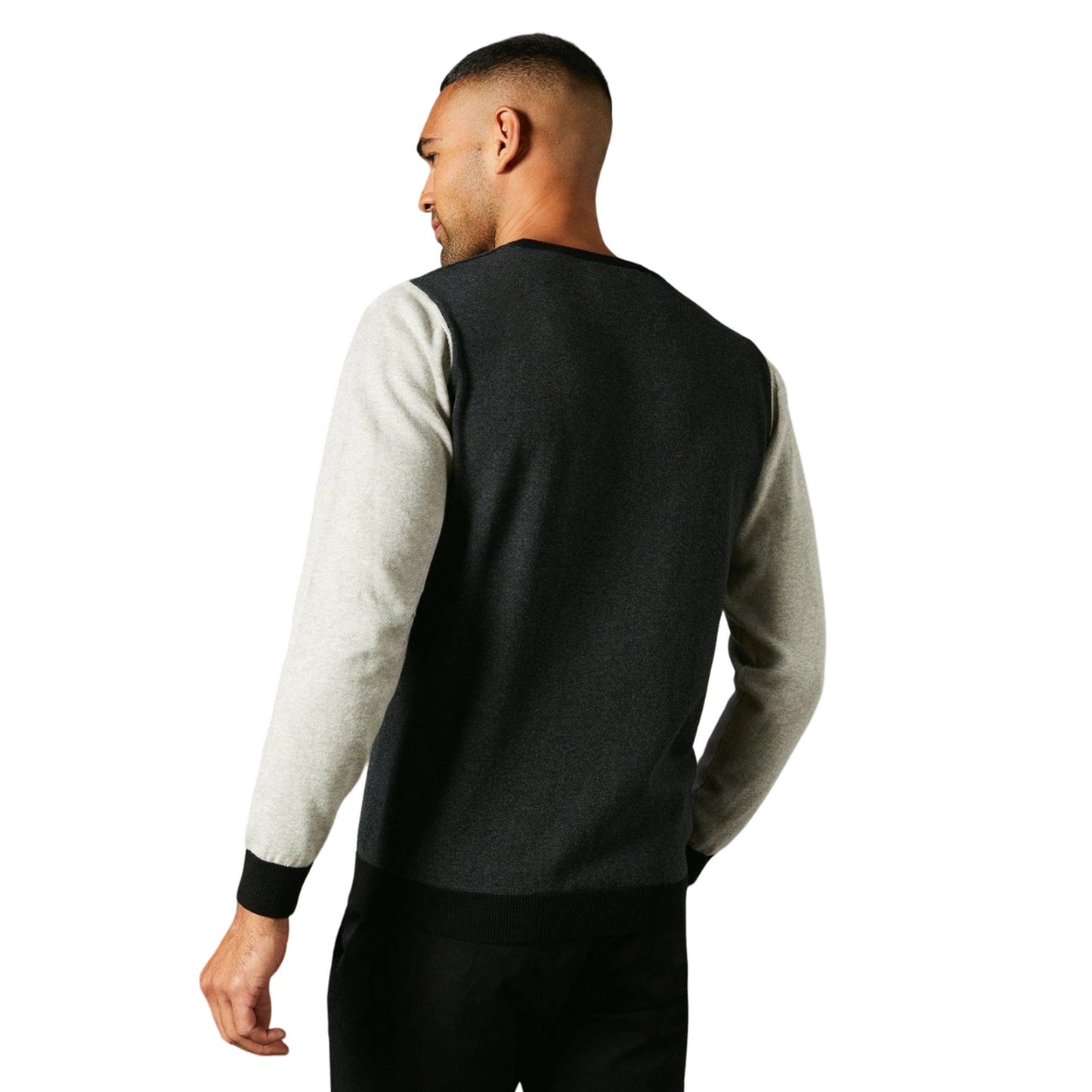 Charcoal - Back - Burton Mens Colour Block Cotton Crew Neck Jumper