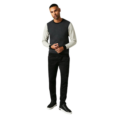 Charcoal - Side - Burton Mens Colour Block Cotton Crew Neck Jumper