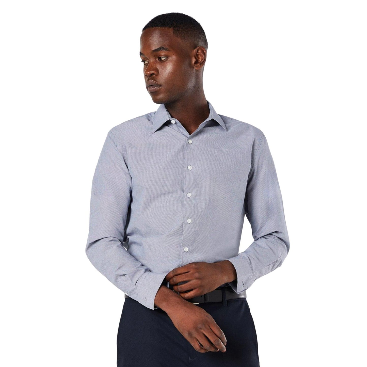 Navy - Front - Burton Mens Micro Gingham Check Long-Sleeved Formal Shirt