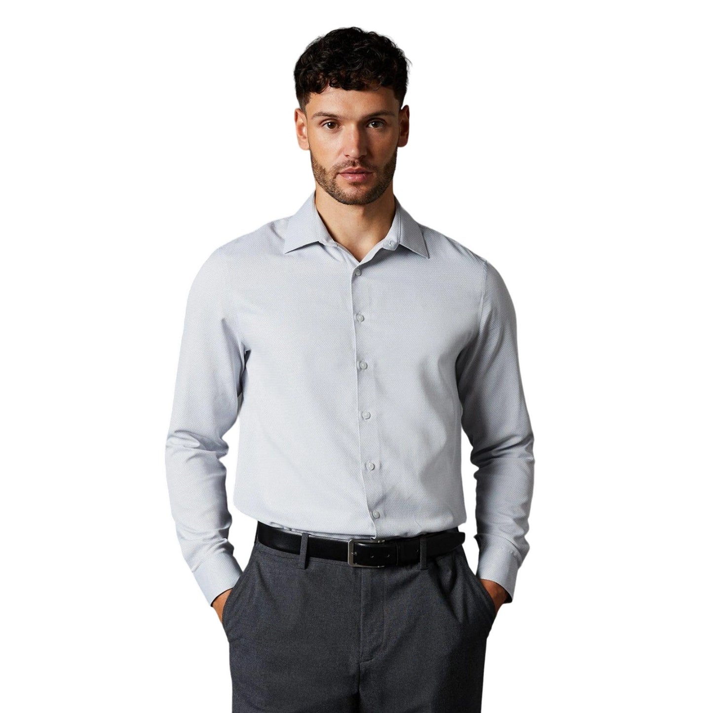 Grey - Front - Burton Mens Diamond Jacquard Easy-Iron Slim Formal Shirt