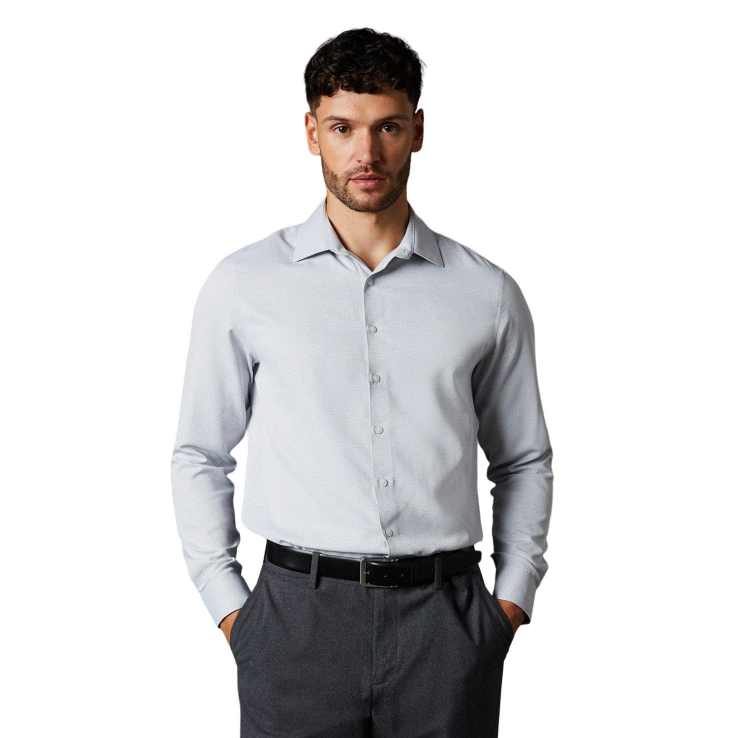 Grey - Front - Burton Mens Diamond Jacquard Easy-Iron Slim Formal Shirt