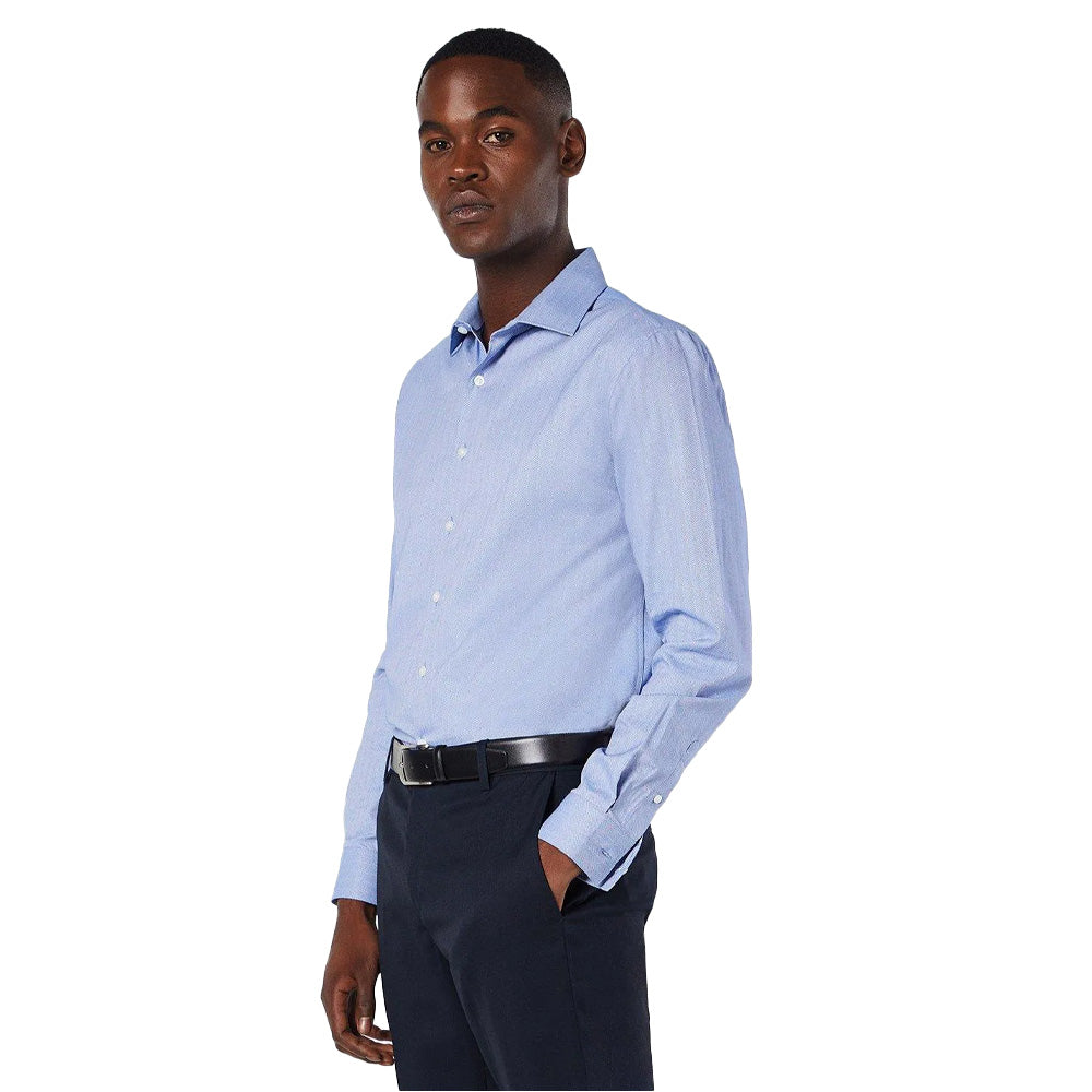 Blue - Side - Burton Mens Herringbone Easy-Iron Slim Formal Shirt