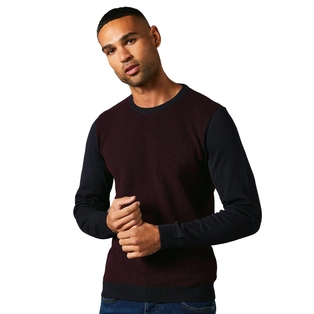 Burgundy - Front - Burton Mens Jacquard Crew Neck Contrast Sleeves Jumper