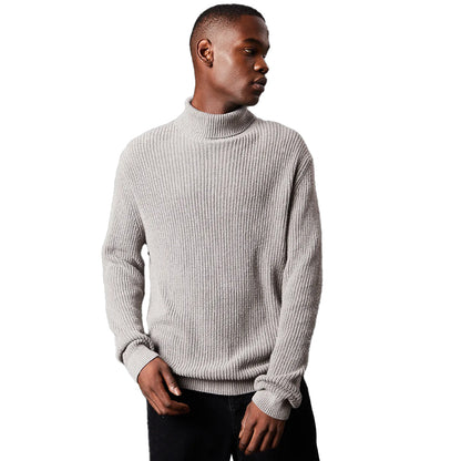Mid Grey - Front - Burton Mens Ribbed Cotton Blend Roll Neck Jumper