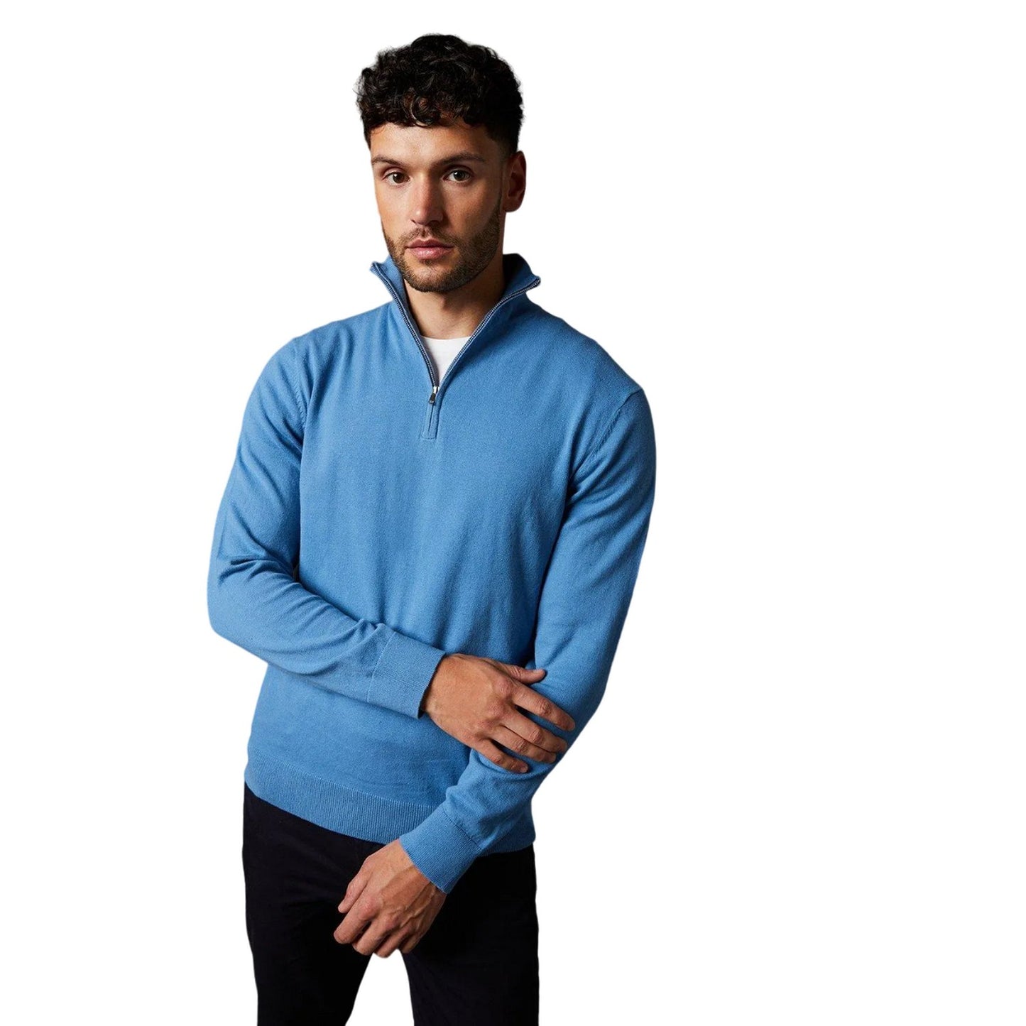Mid Blue - Front - Burton Mens Cotton Quarter Zip Jumper