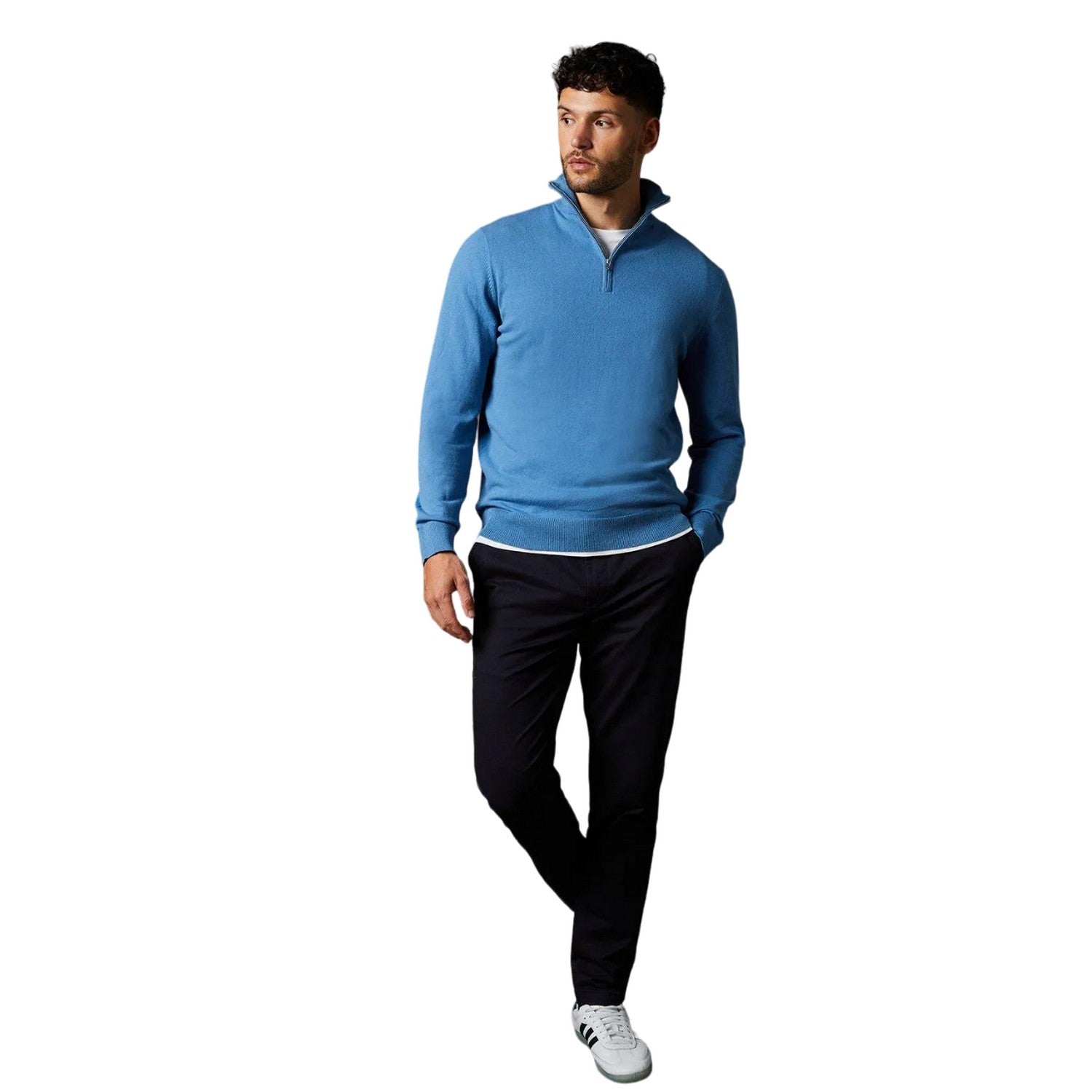 Mid Blue - Side - Burton Mens Cotton Quarter Zip Jumper