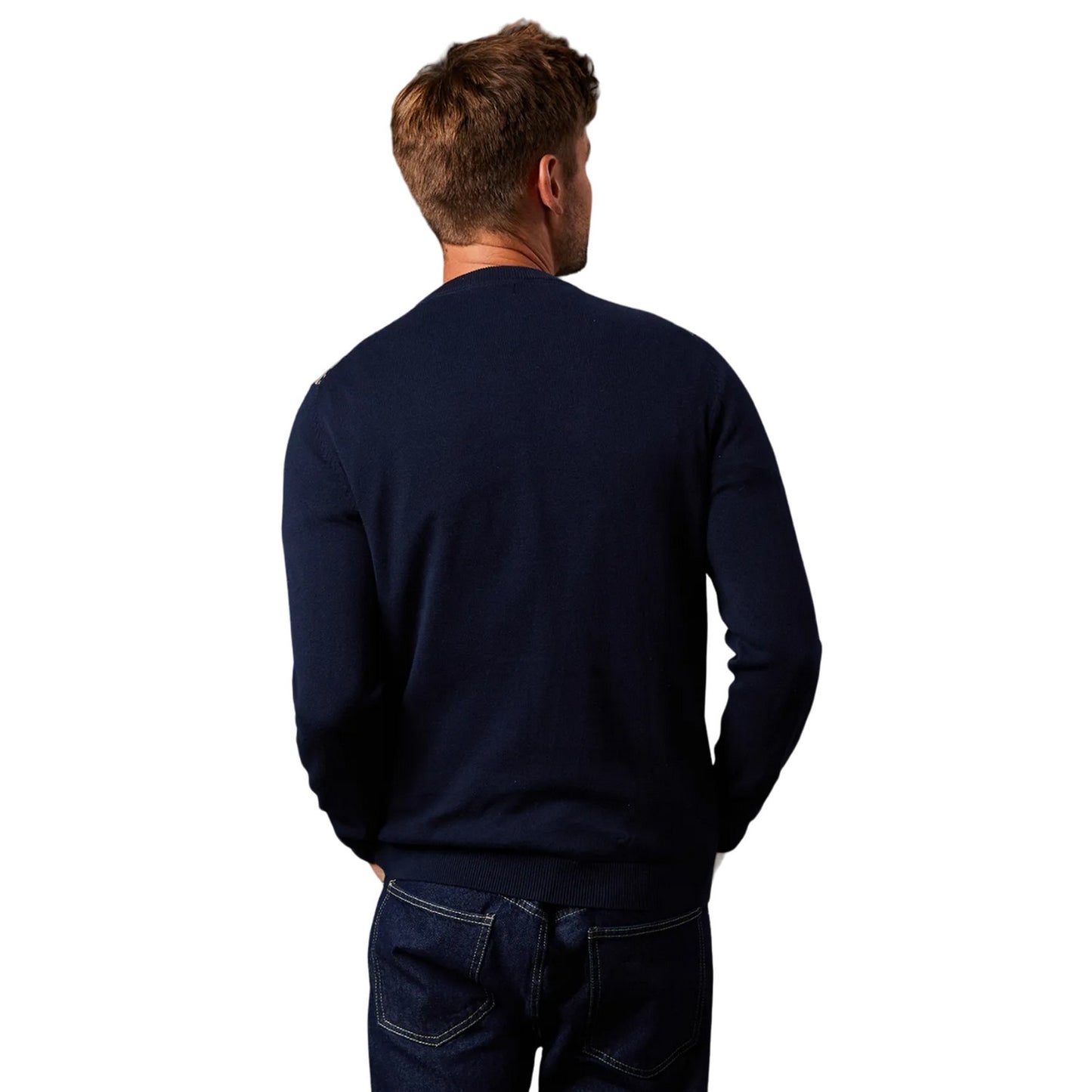 Navy - Back - Burton Mens Geometric Pattern Knitted Jumper
