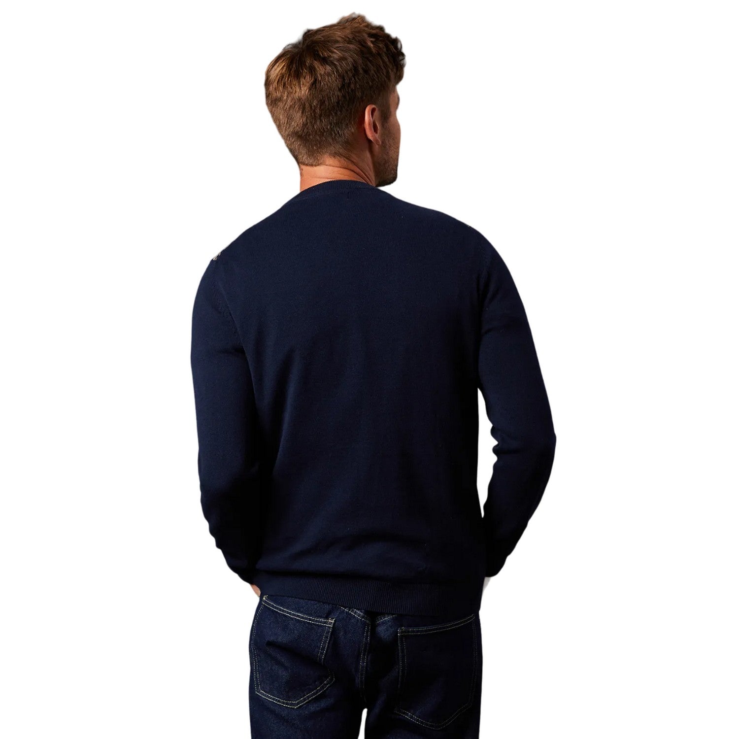 Navy - Back - Burton Mens Geometric Pattern Knitted Jumper