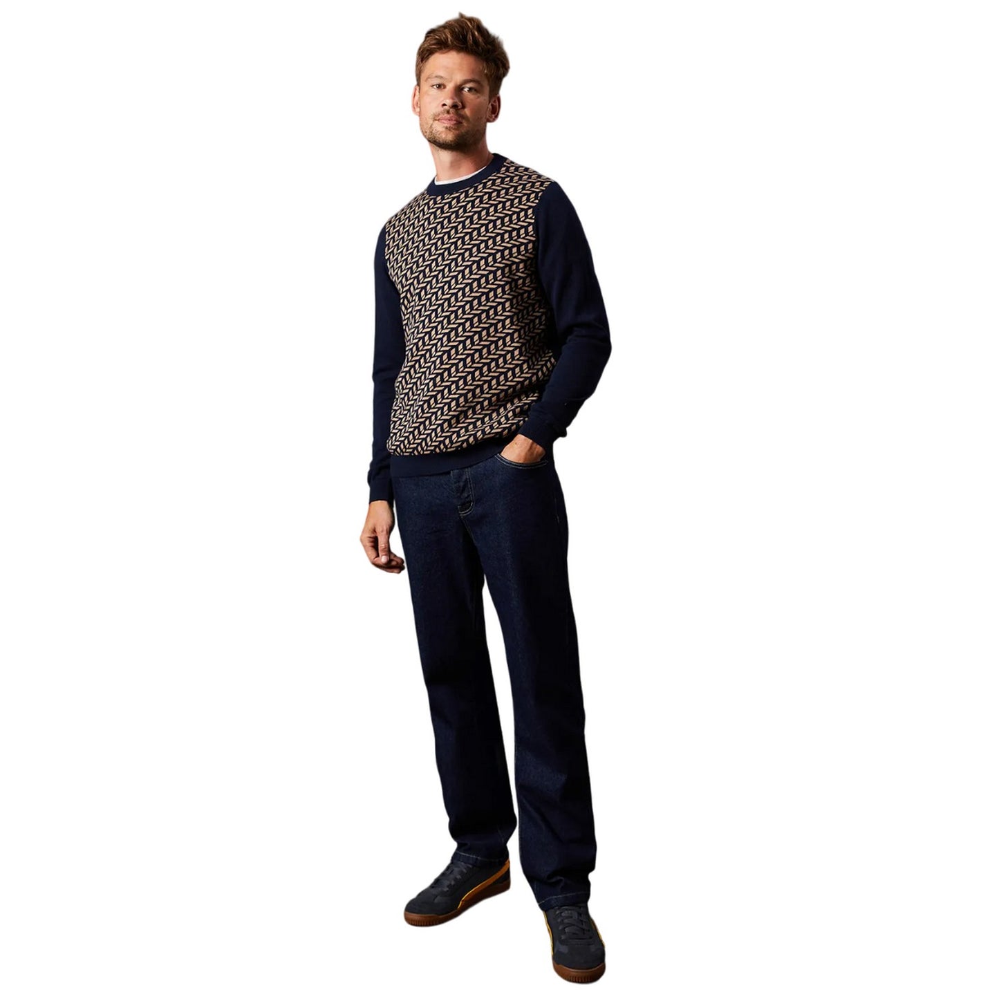 Navy - Side - Burton Mens Geometric Pattern Knitted Jumper