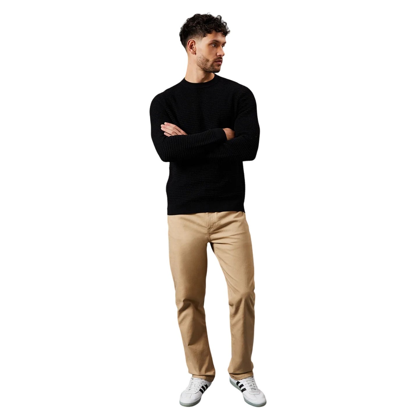 Black - Side - Burton Mens Waffle Knitted Crew Neck Jumper
