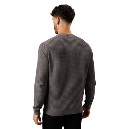 Mid Grey - Back - Burton Mens Waffle Knitted Crew Neck Jumper