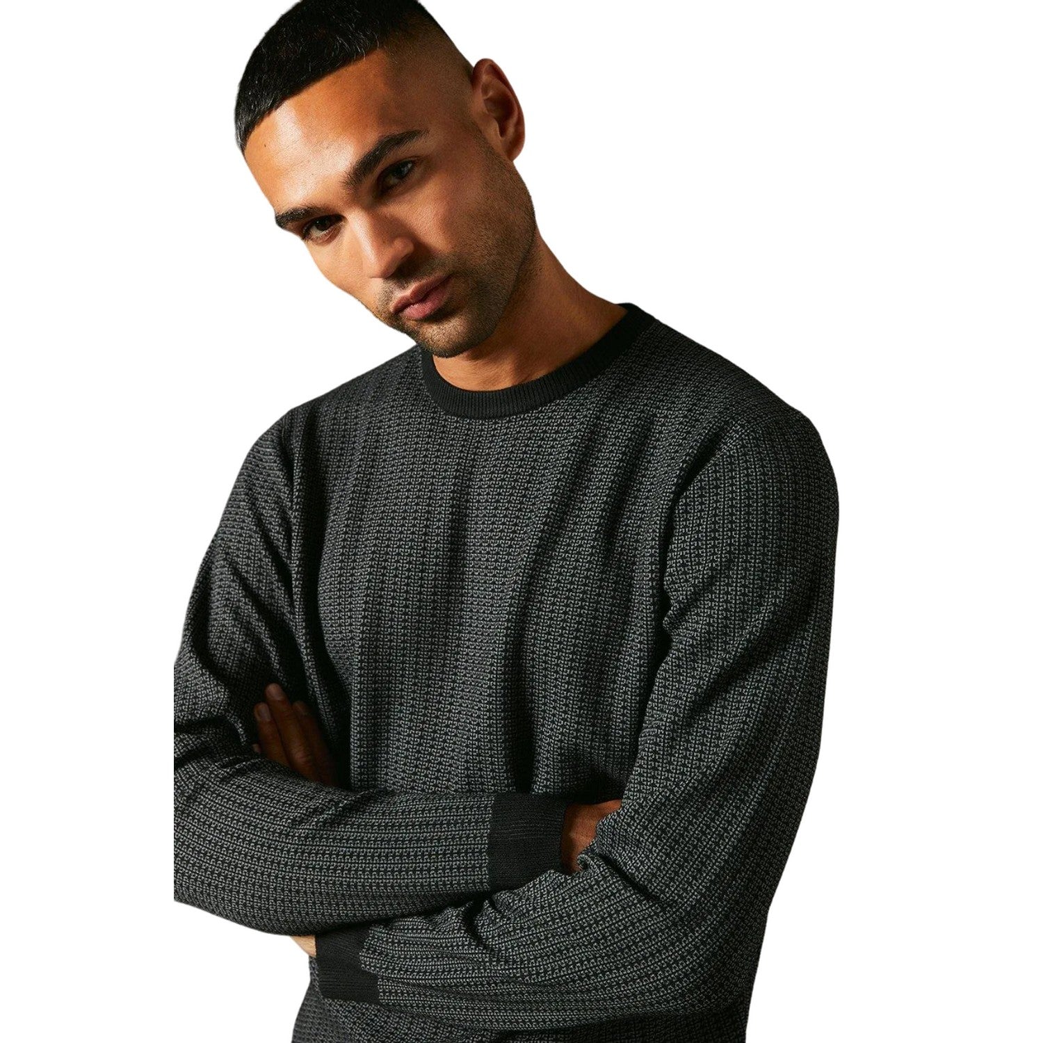 Black - Back - Burton Mens Patterned Crew Neck Jumper