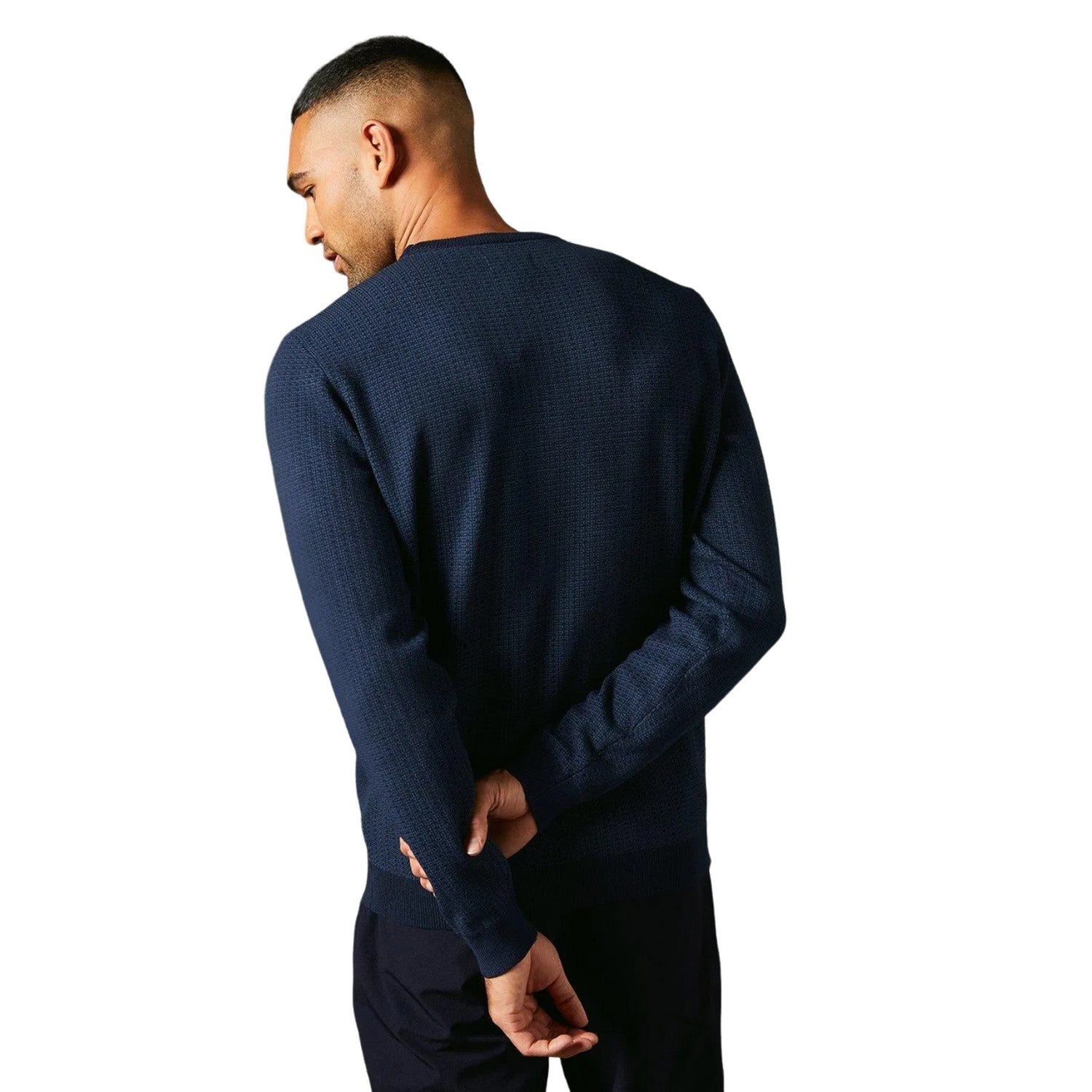 Navy - Back - Burton Mens Patterned Crew Neck Jumper