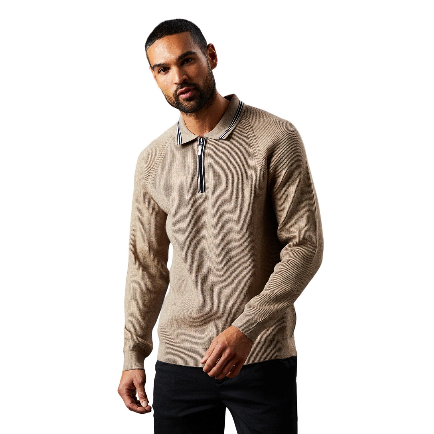 Natural - Front - Burton Mens Fine Gauge Knitted Long-Sleeved Polo Shirt