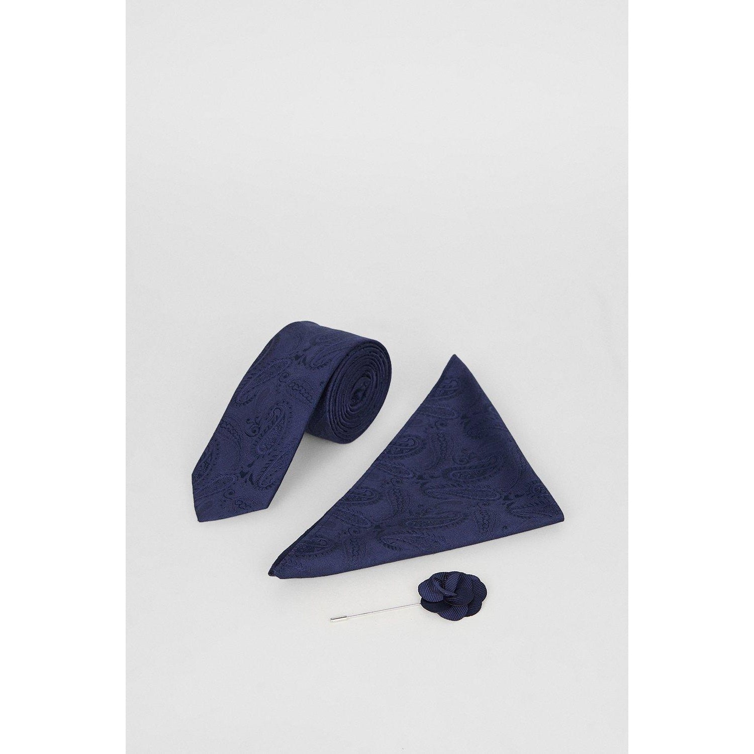 Navy Blue - Front - Burton Mens Paisley Wedding Tie Set