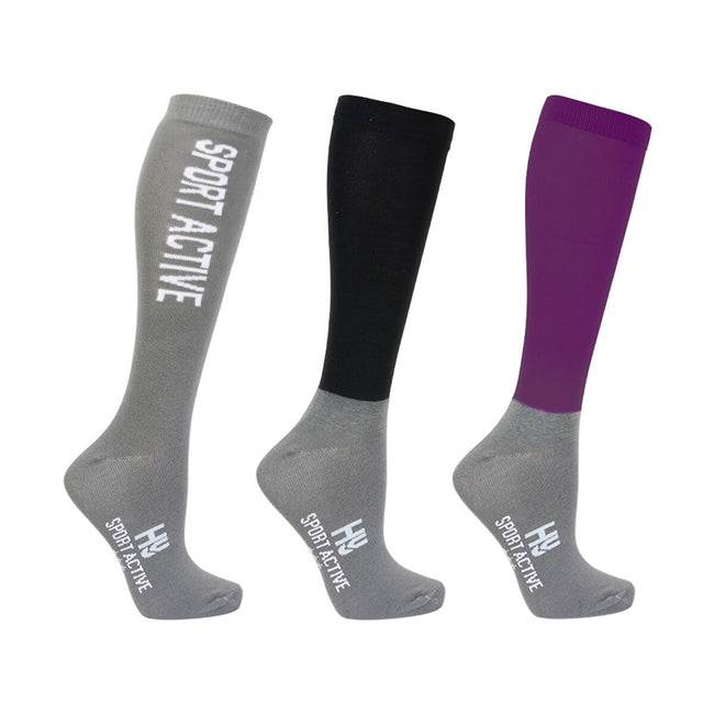 Amethyst Purple-Grey-Black - Front - Hy Sport Active Young Rider Boot Socks (Pack of 3)
