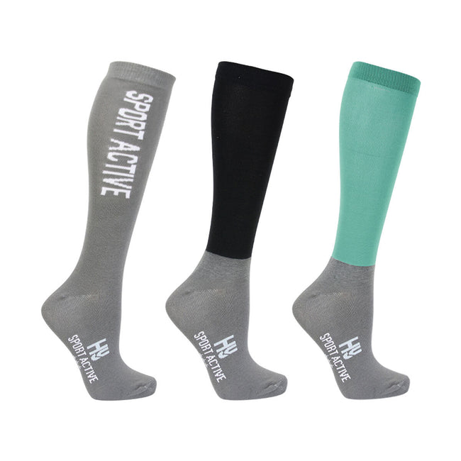 Spearmint Green-Grey-Black - Front - Hy Sport Active Young Rider Boot Socks (Pack of 3)