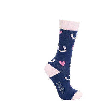 Navy-Pink - Side - Little Rider Childrens-Kids Pony Fantasy Socks (Pack of 3)