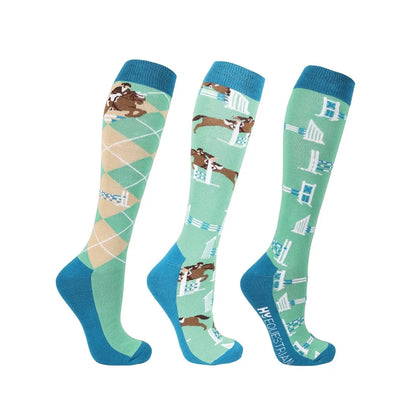 Emerald-Blue-Beige - Front - HyFASHION Unisex Adult Jumping Socks (Pack of 3)