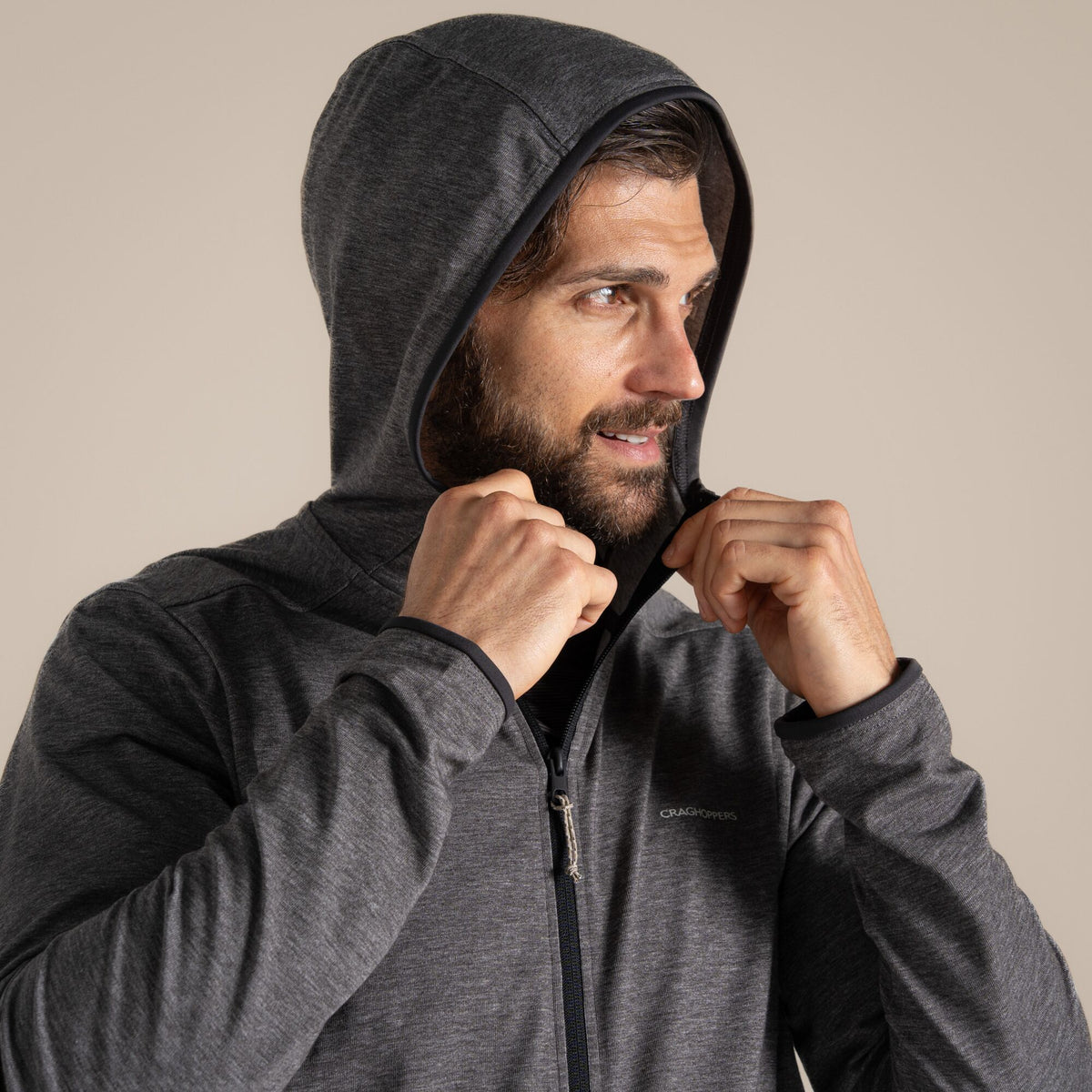 Black Pepper Marl - Close up - Craghoppers Mens Deft Nosilife Full Zip Hoodie