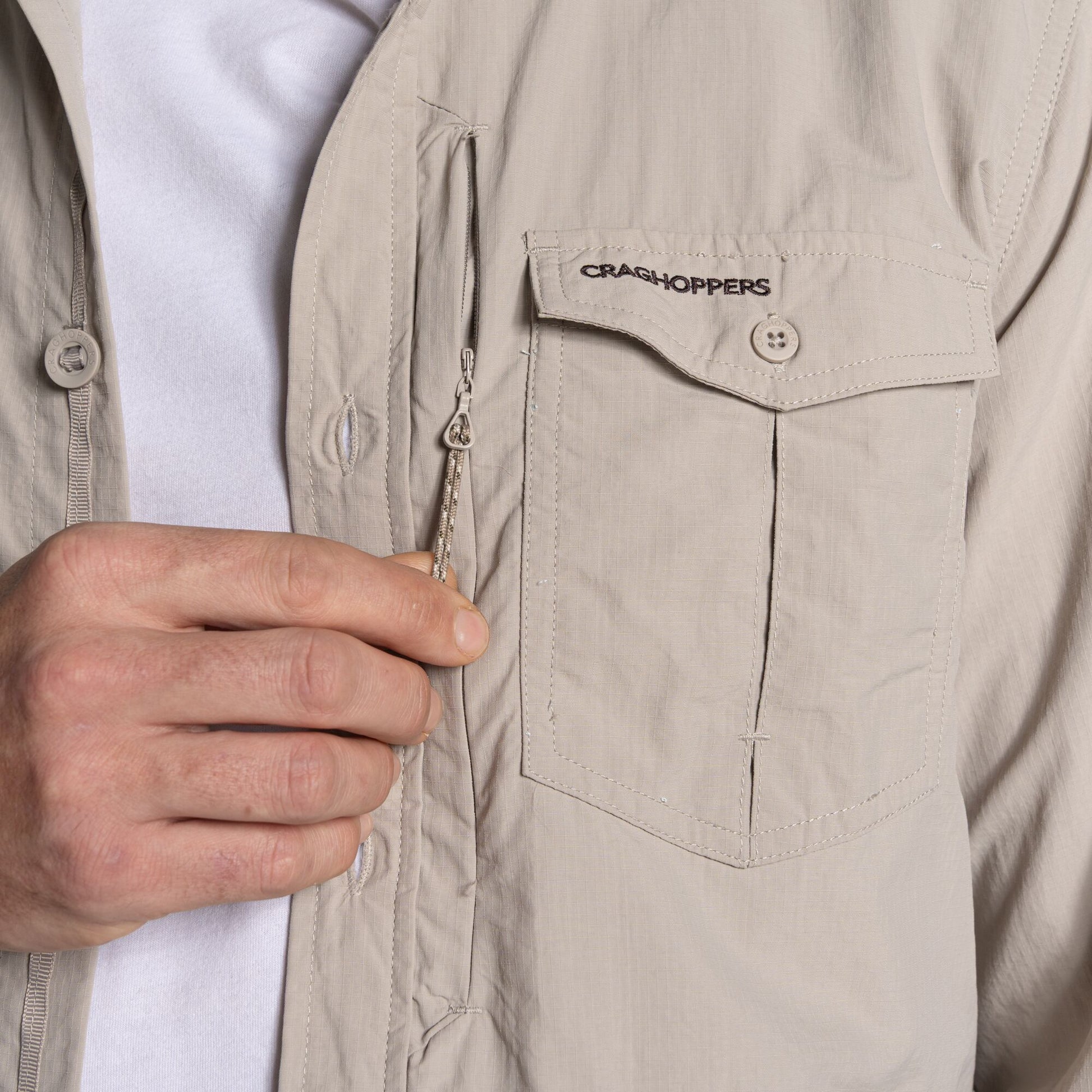 Parchment - Close up - Craghoppers Mens Adventure III Nosilife Long-Sleeved Shirt