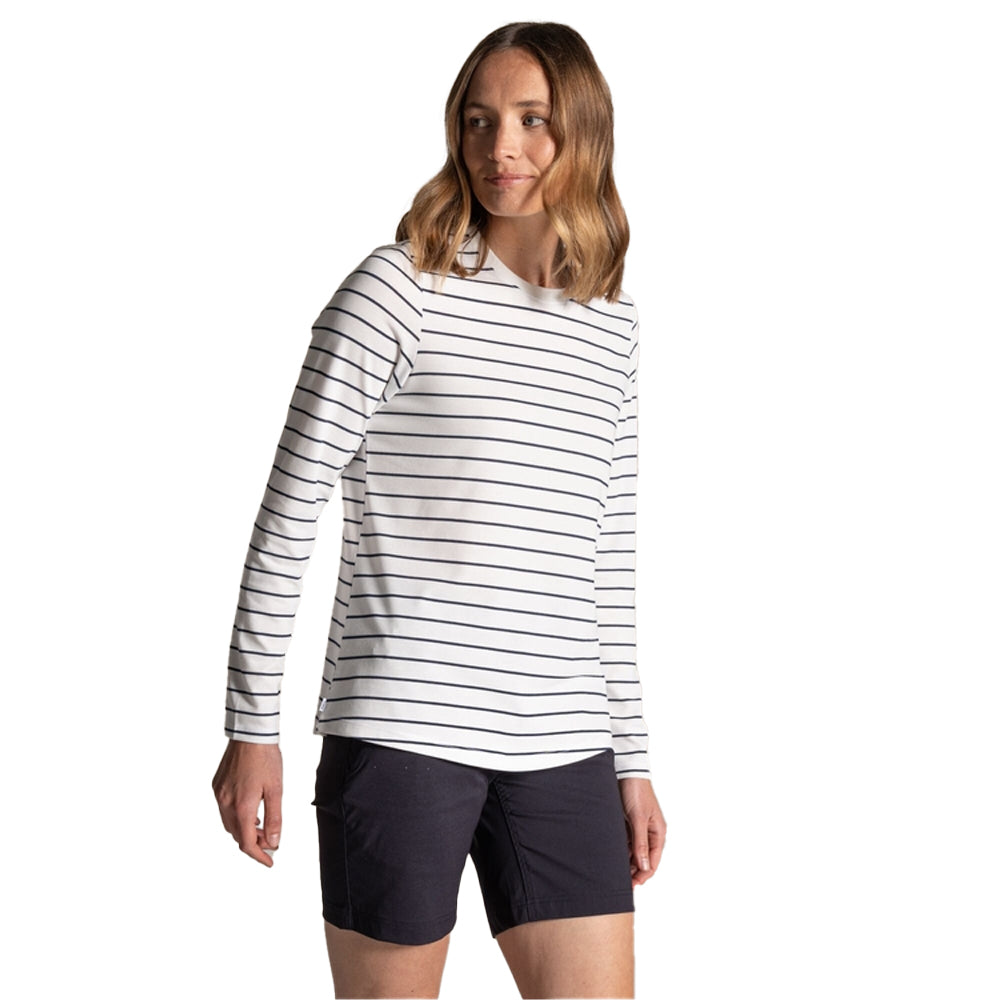 Sail White-Blue Navy - Front - Craghoppers Womens-Ladies Akona Striped Nosilife Long-Sleeved T-Shirt