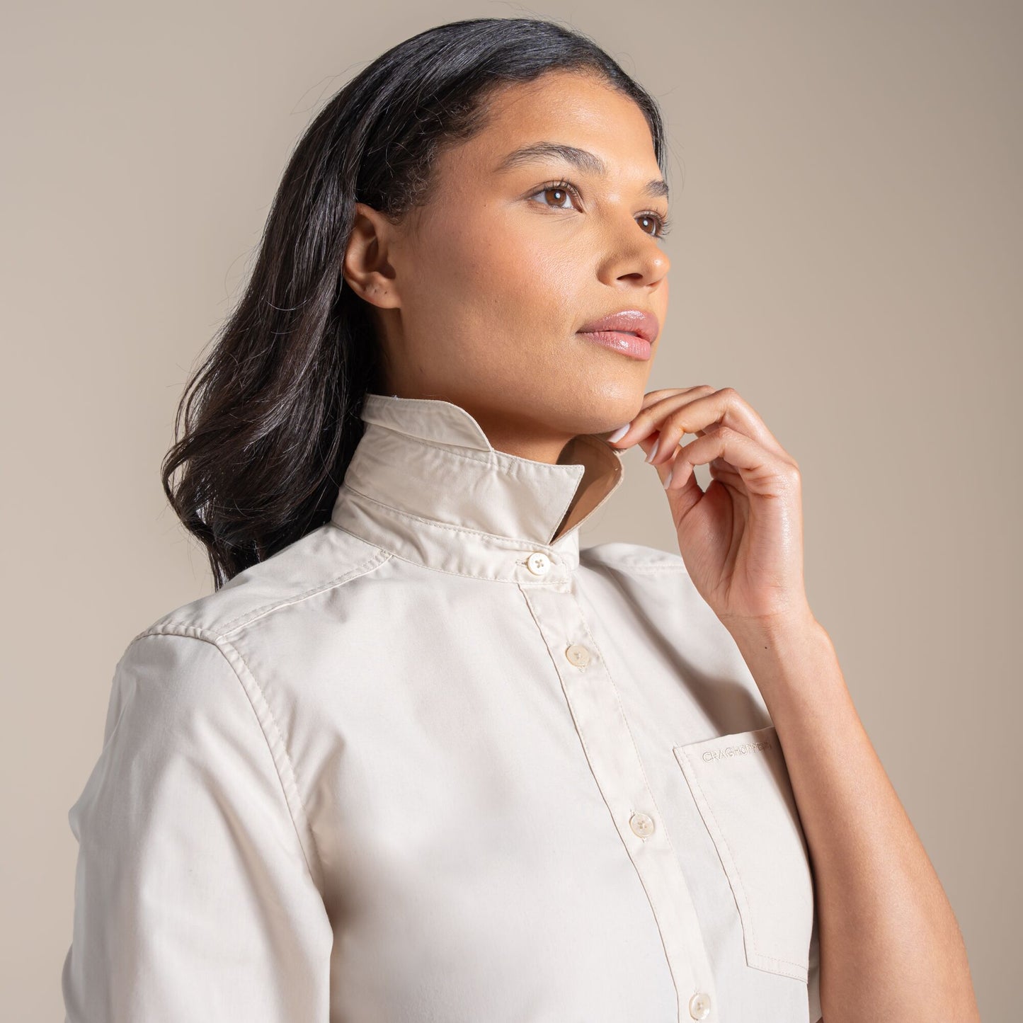 Stone - Close up - Craghoppers Womens-Ladies Kiwi III Long-Sleeved Shirt