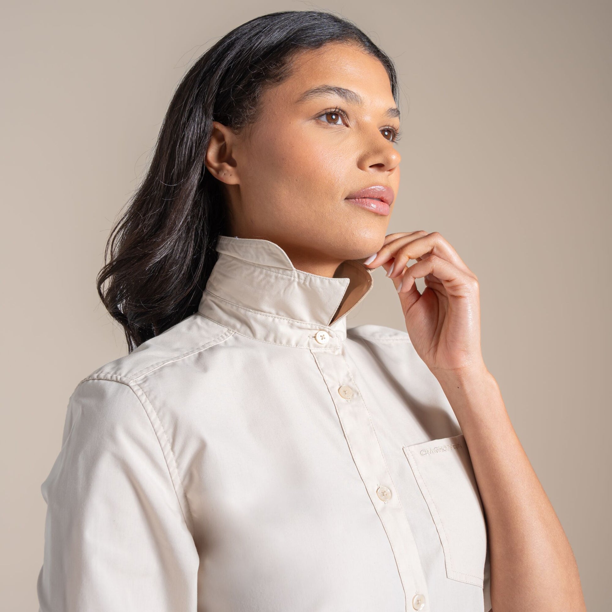 Stone - Close up - Craghoppers Womens-Ladies Kiwi III Long-Sleeved Shirt
